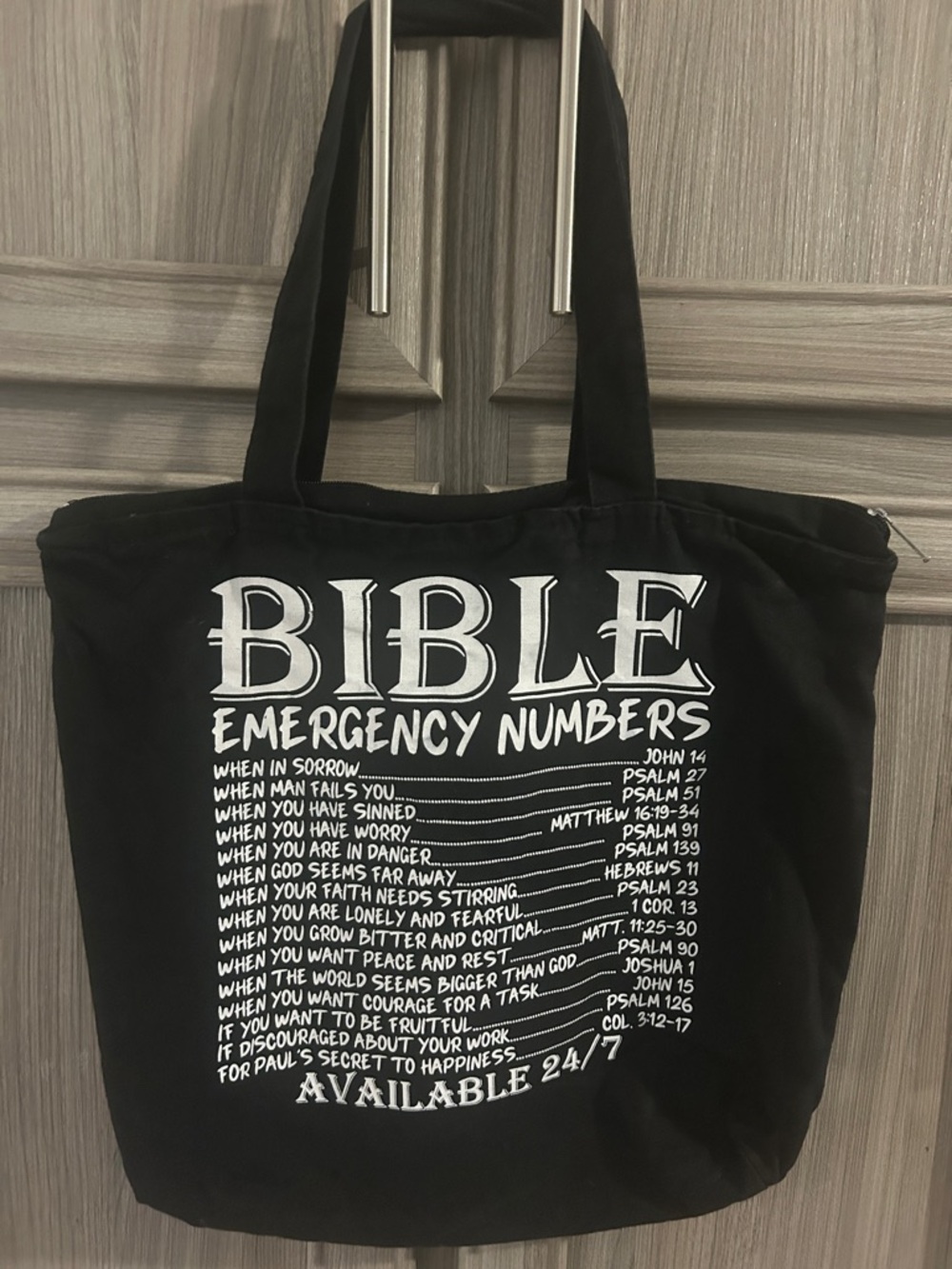 Bible Emergency Numbers Black Canvas Zipper Tote